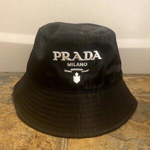 Prada Black Drill Bucket Hat Milano Logo Embroidered One Size - Authentic